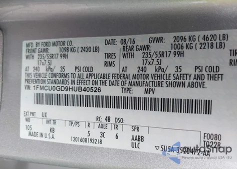 2017 Ford Escape Se from USA, damaged, VIN 1FMCU0GD9HUB40526